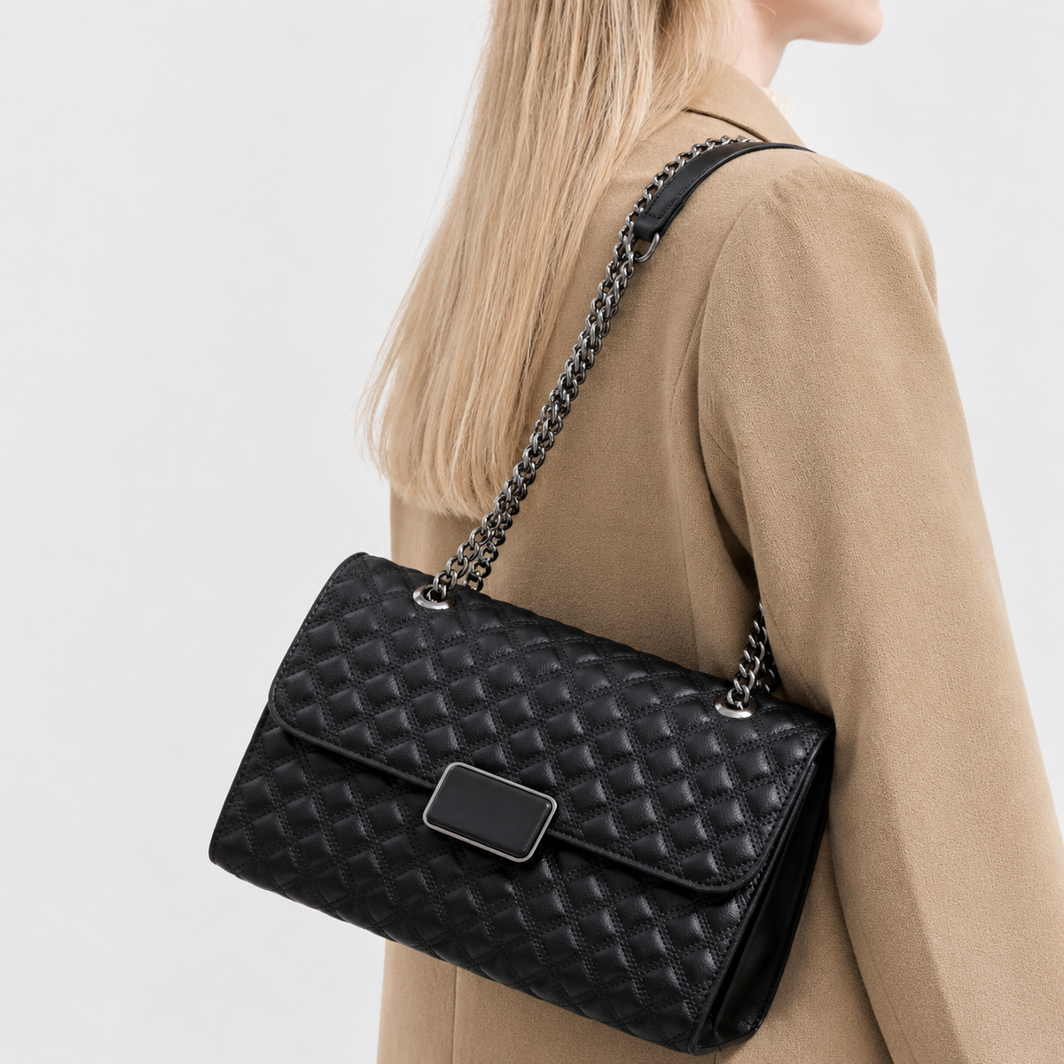 Quilted Faux Leather Flap Shoulder Bag with Chain Strap
