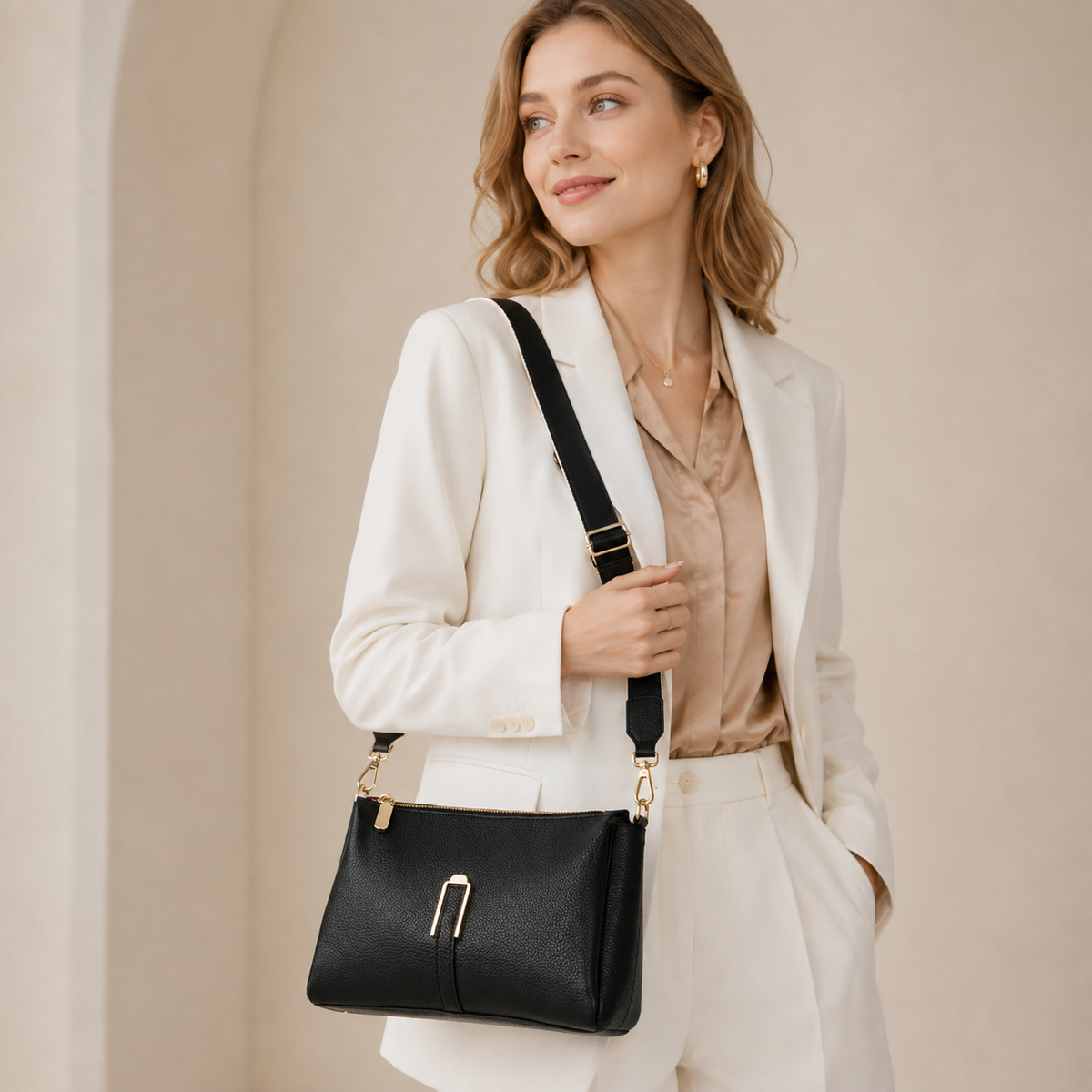 Pebbled Leather Zip Top Crossbody Bag