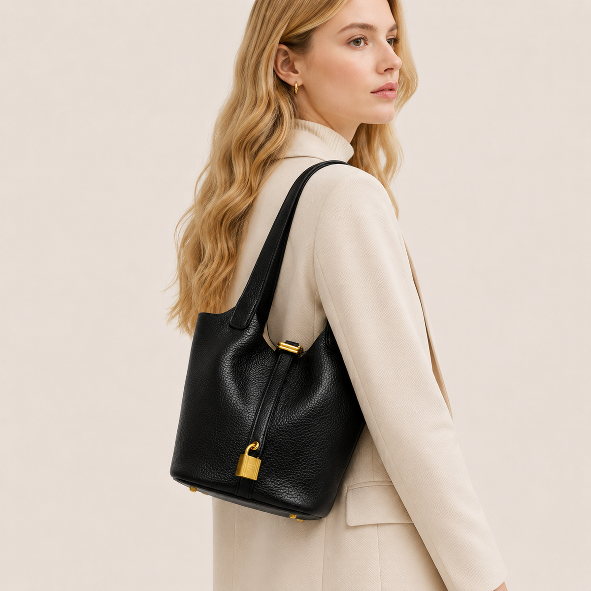 Pebbled Leather Structured Tote Bag with Gold-Tone Lock Detail
