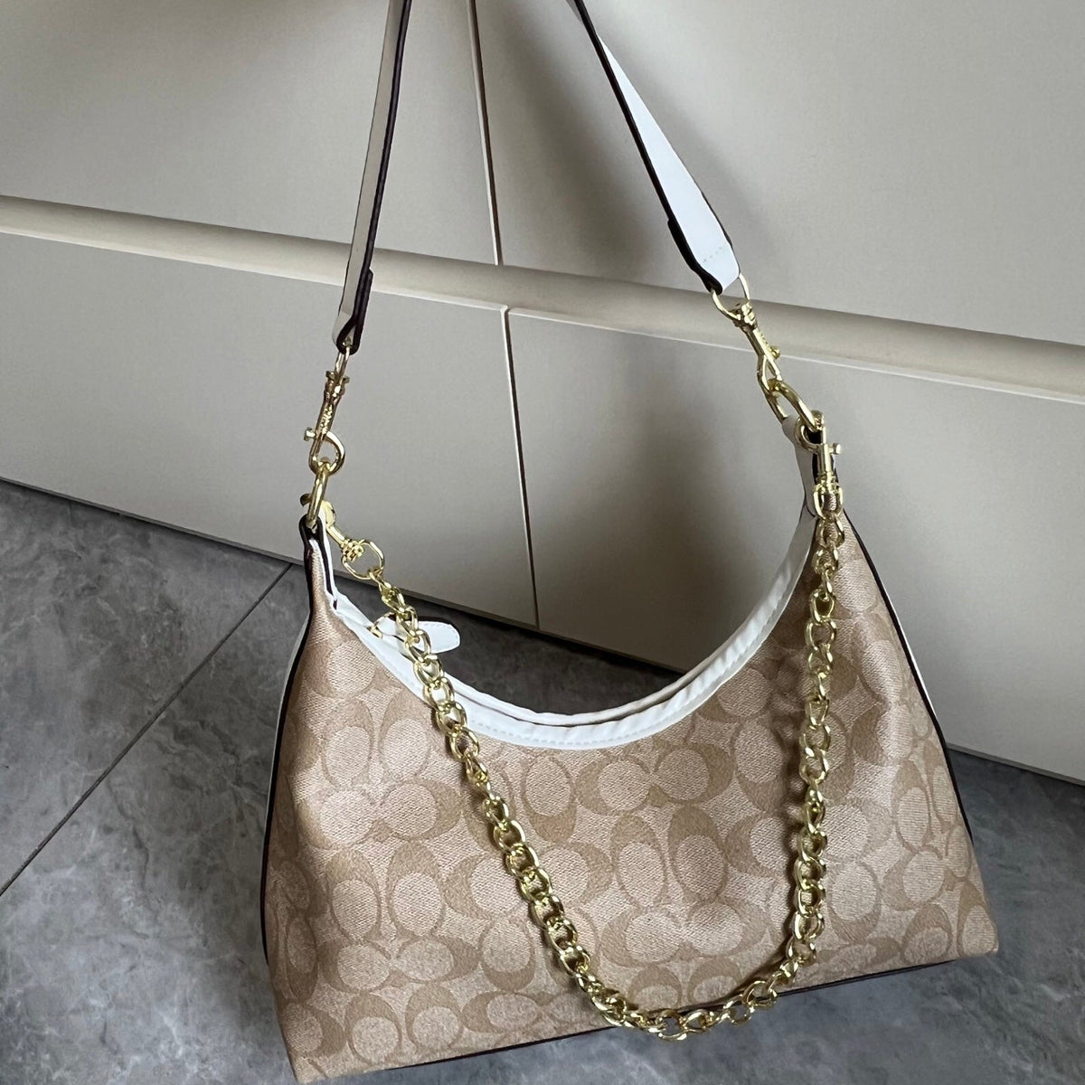 Khaki Leather Hobo Shoulder Bag