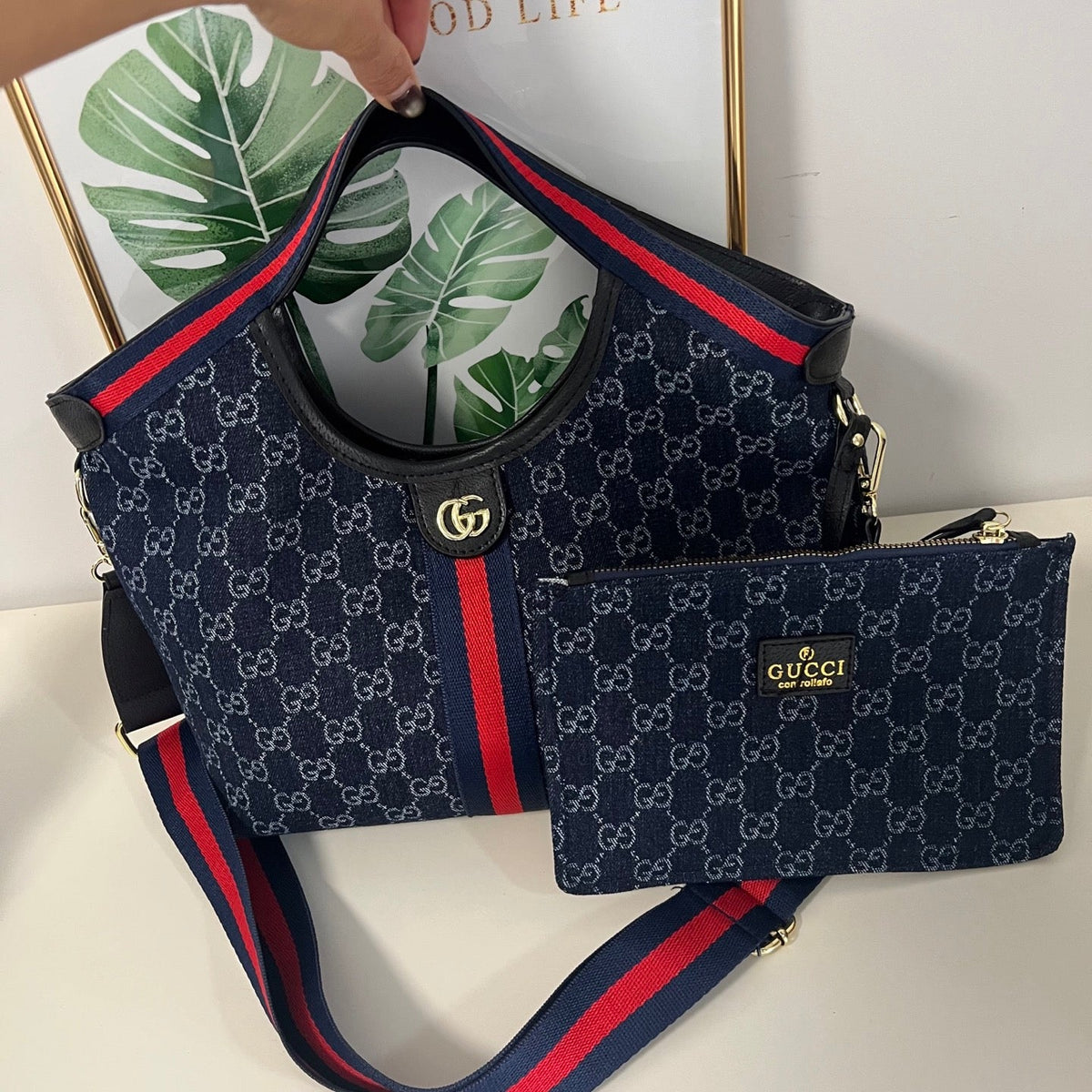 Blue Canvas GG Crossbody Tote Bag Set