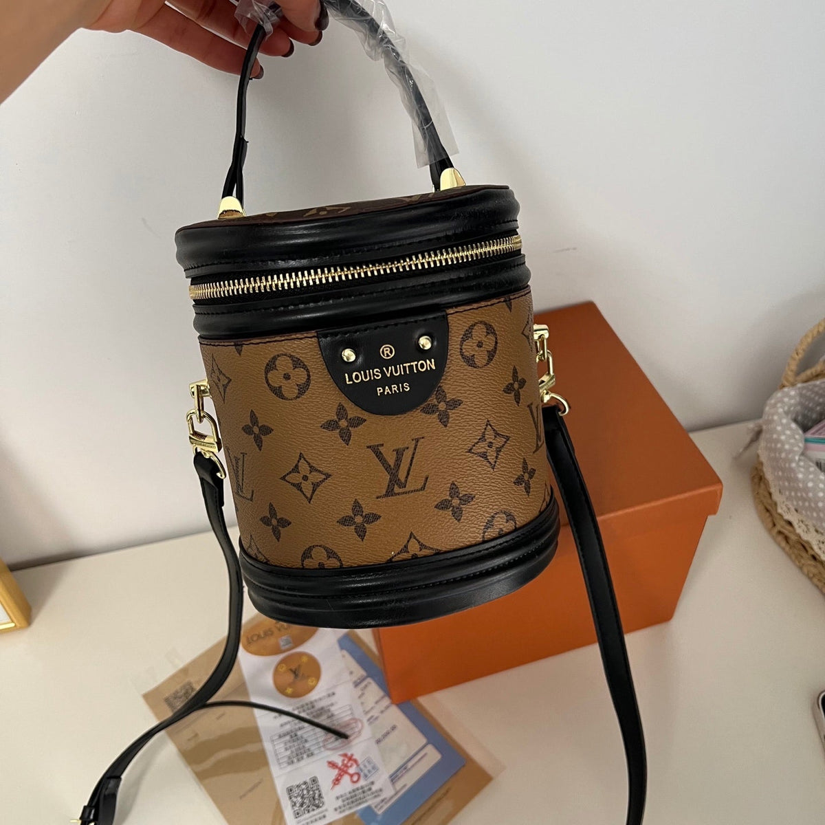 Brown Leather Monogram Bucket Bag