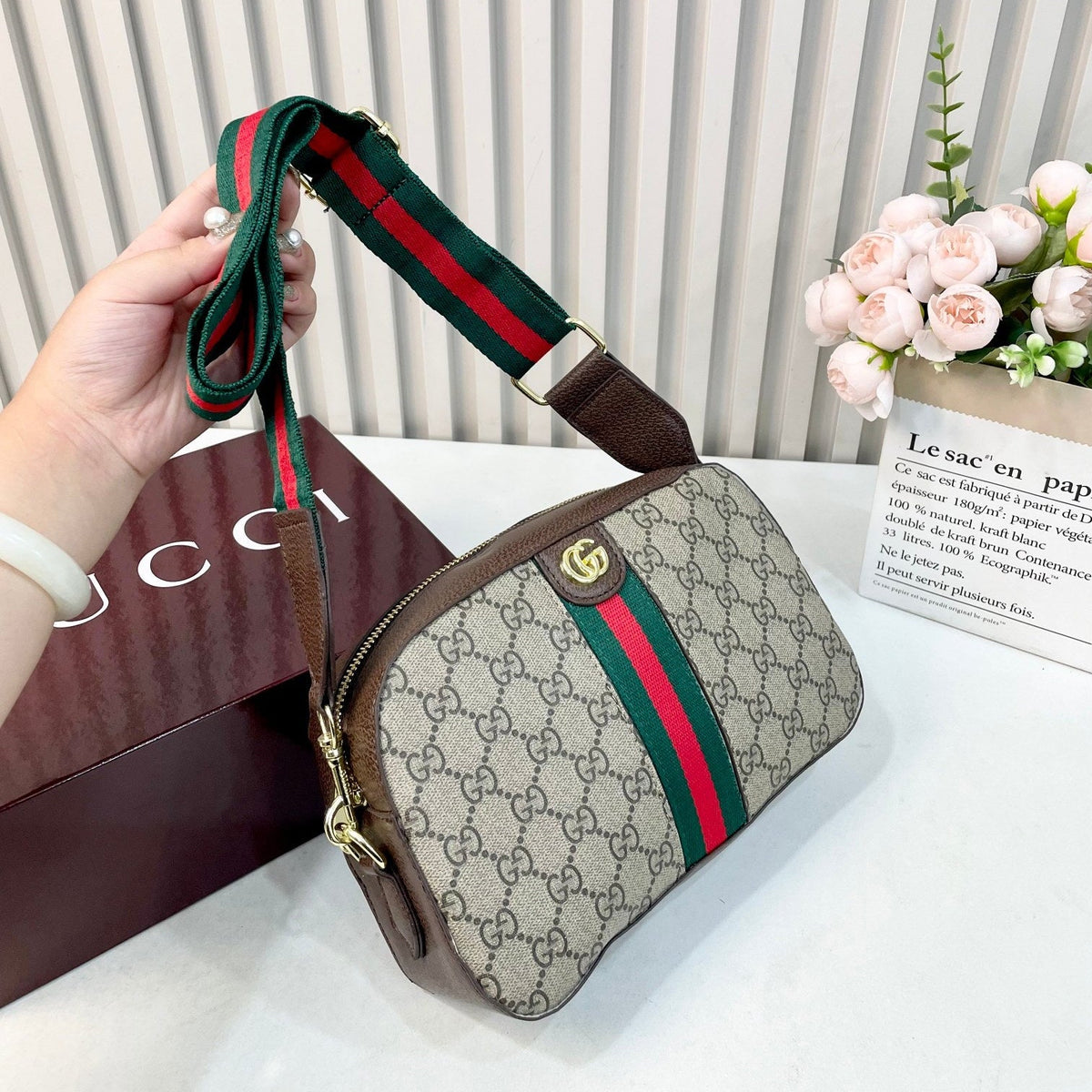 Leather GG Stripe Crossbody Bag