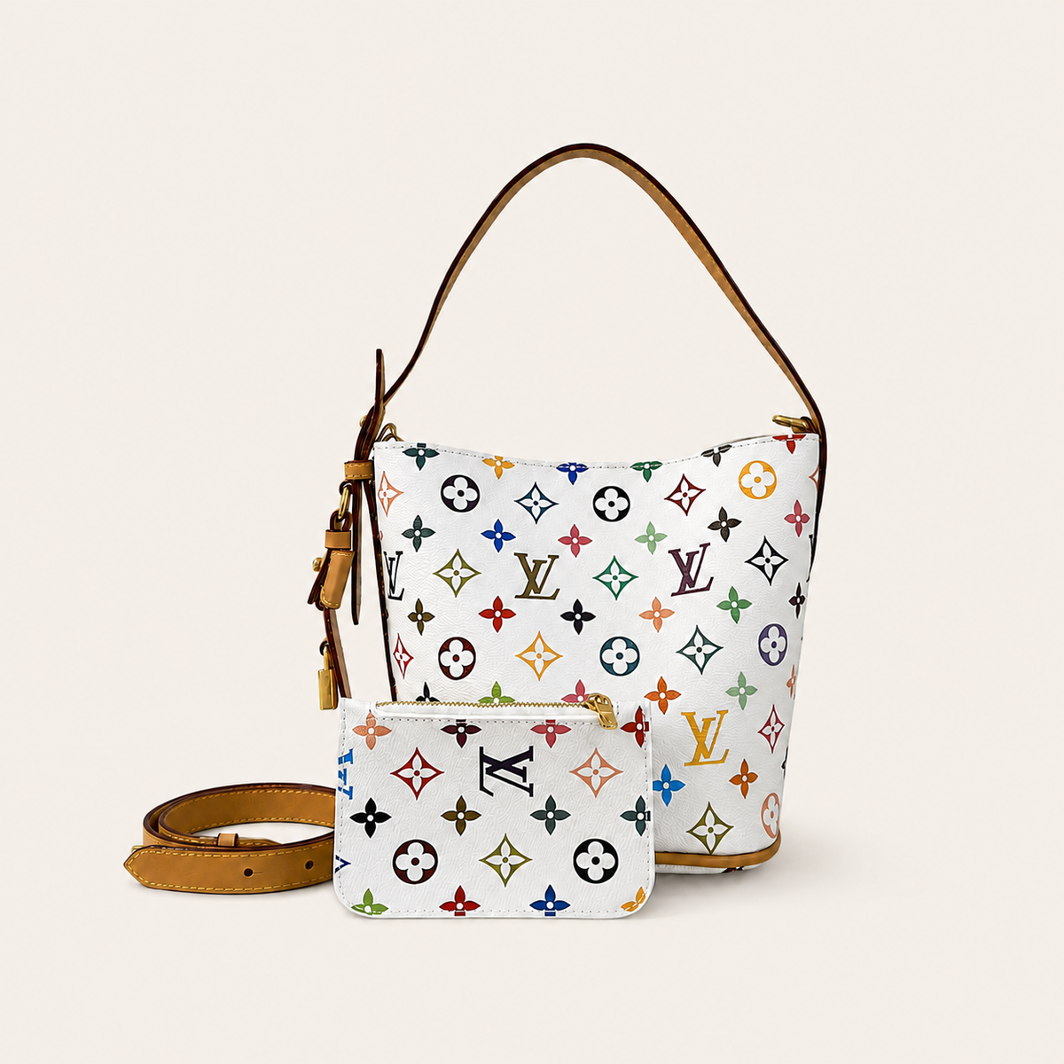Leather Monogram Bucket Mini Pouch Bag