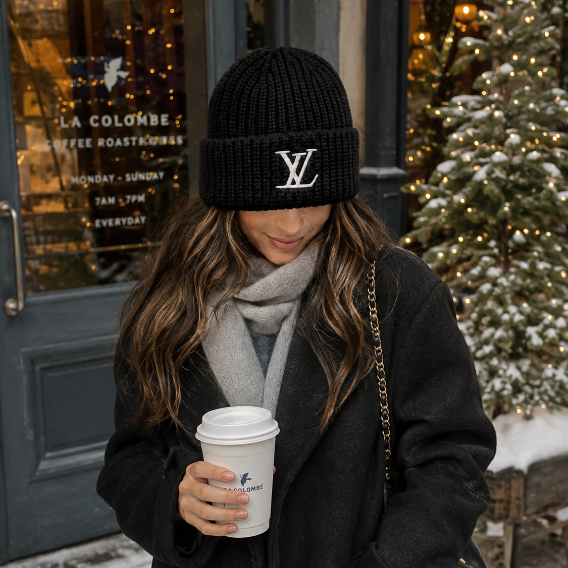Black Monogram Ribbed Knit Beanie