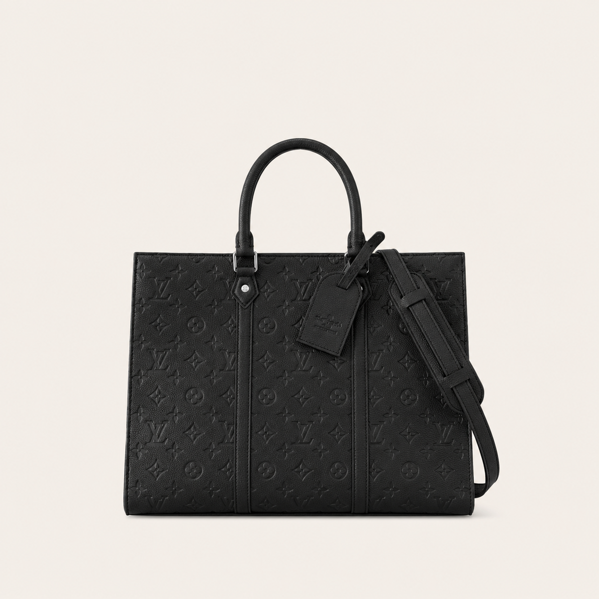 Black Leather Monogram  Tote Bag