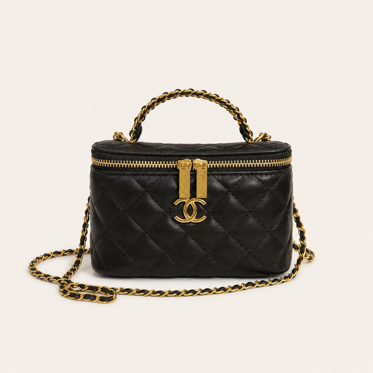Black Leather CC Quilted Cosmetic Bag