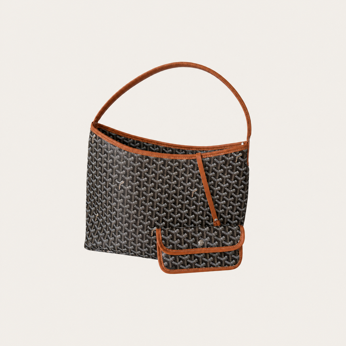 Brown Leather Trim Tote Bag with Mini Pouch