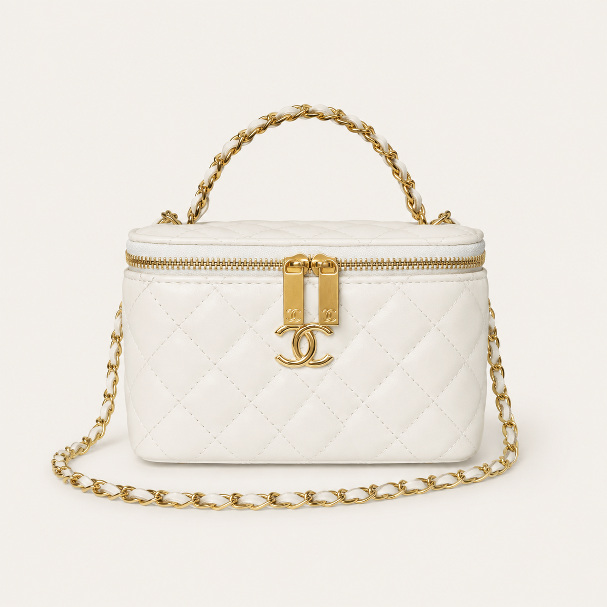 White Leather CC Quilted Cosmetic Bag