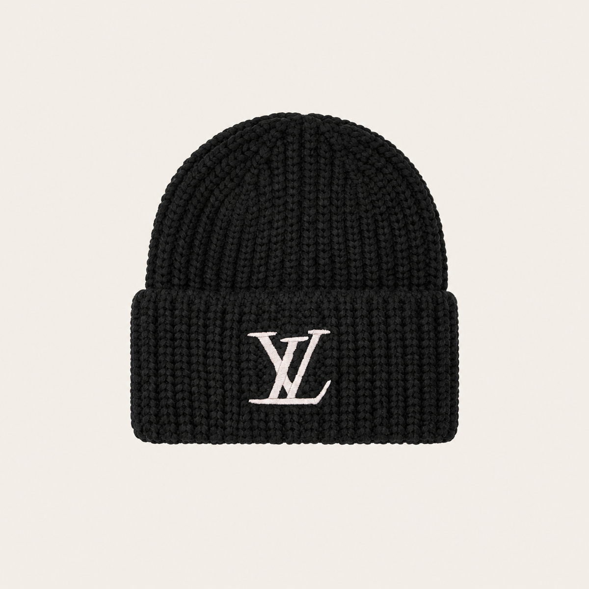 Black Monogram Ribbed Knit Beanie