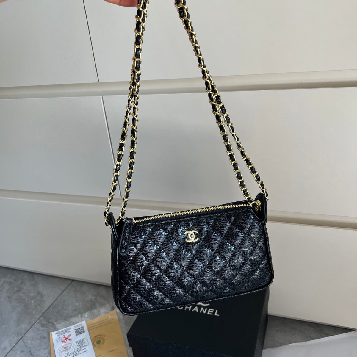 Black Leather CC Chain Crossbody Bag