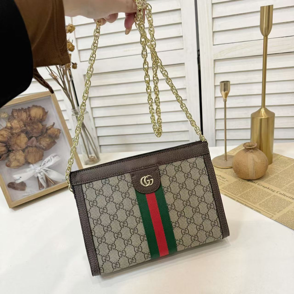 Leather GG Stripe Shoulder Bag
