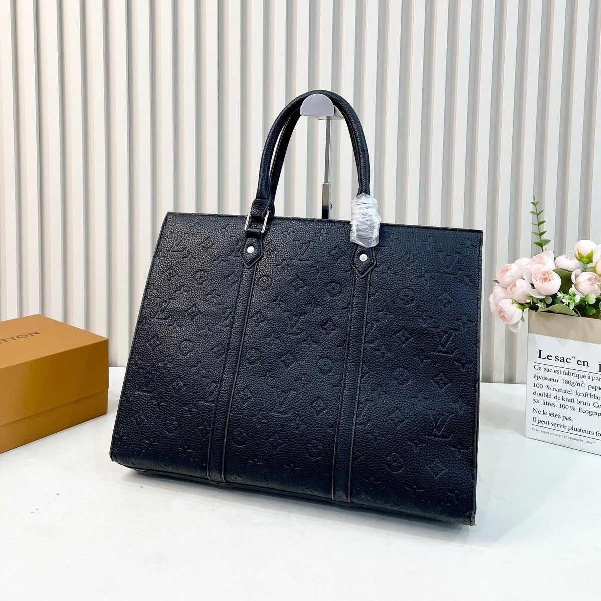 Black Leather Monogram  Tote Bag